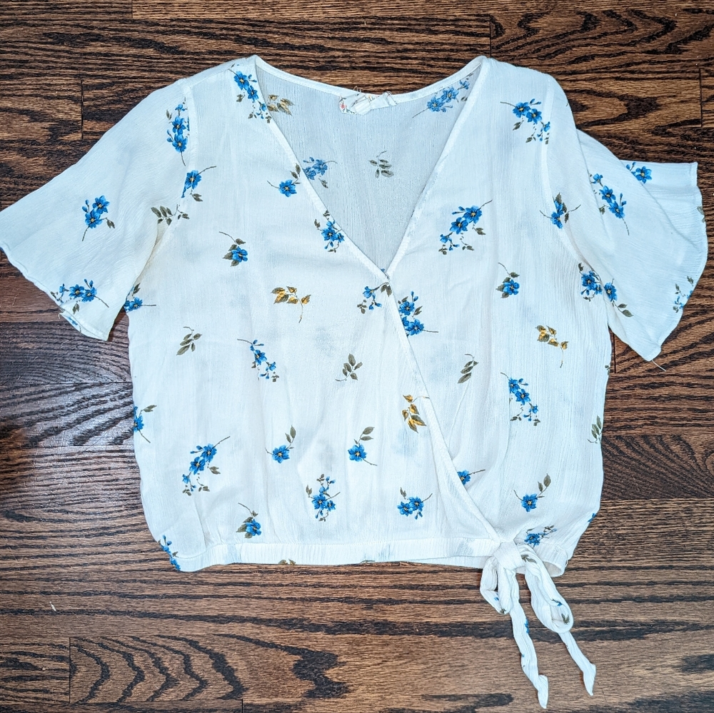 White Floral Wrap-Tie Top
